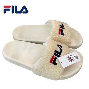 NEW Fila Cream Ivory Fuzzy Sport Slide Sandals 8 10 11
